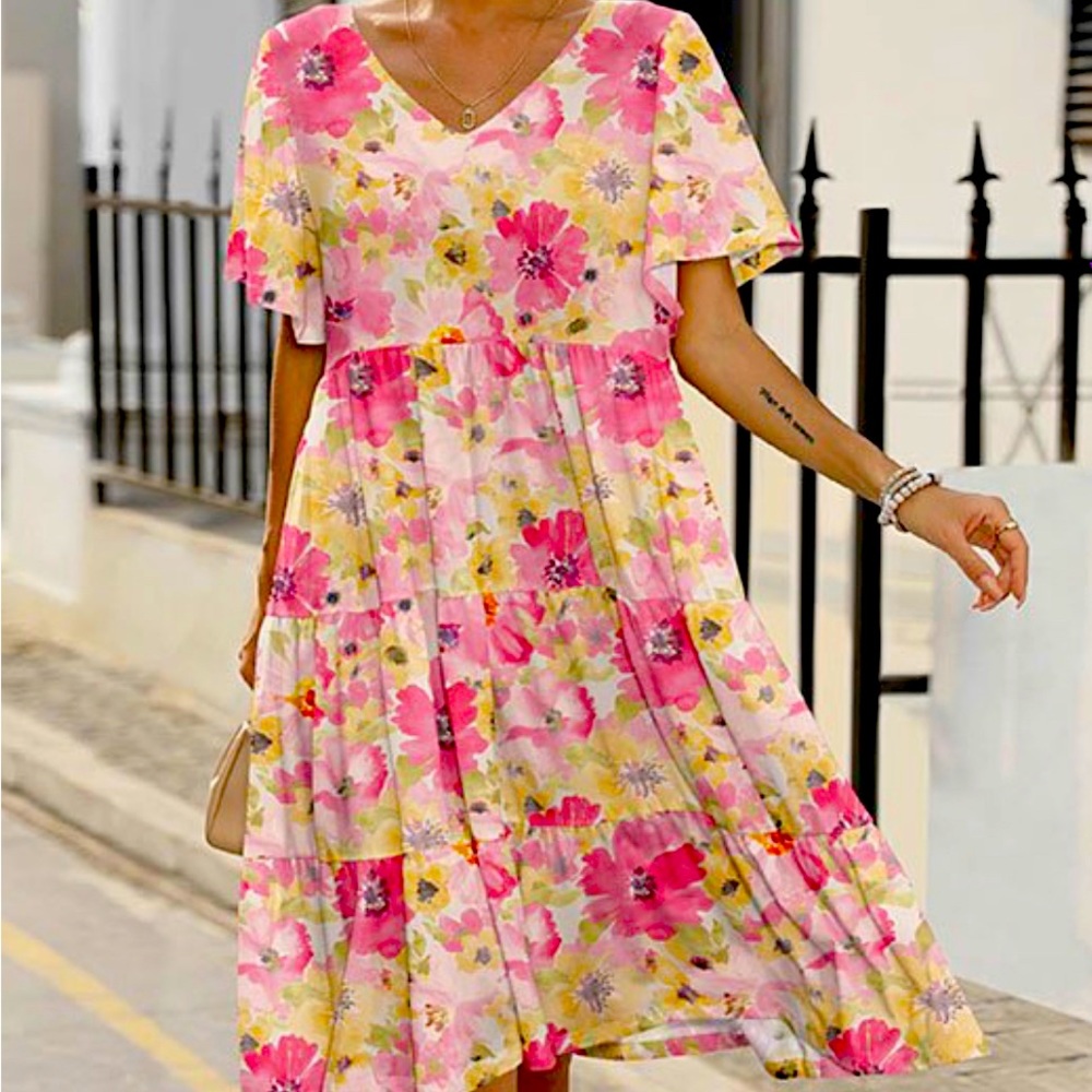 Pink & Yellow A-Line Floral V-neck Dress